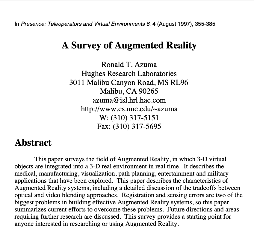 A Survey Of Augmented Reality | Hardy’s Blog