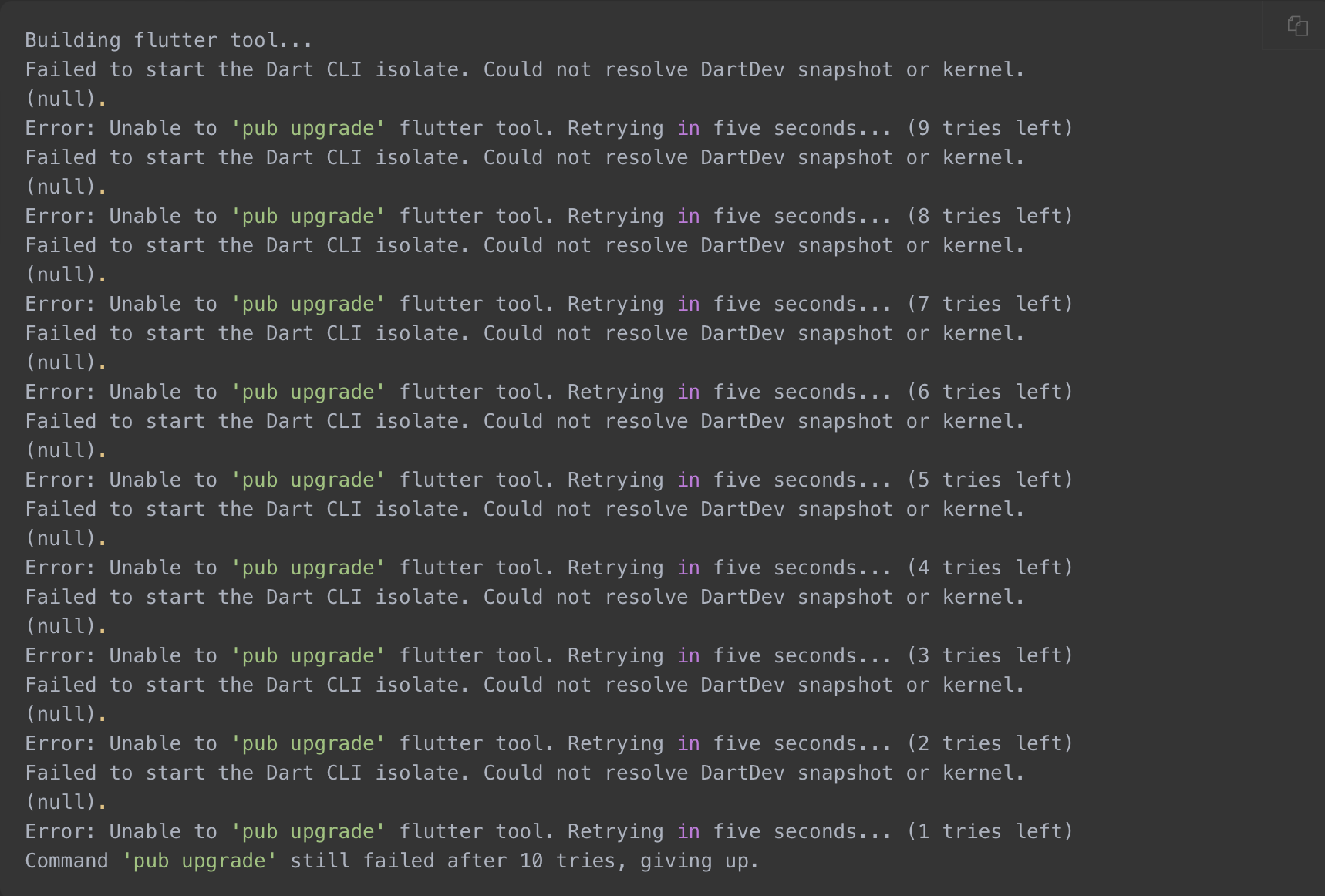 [ERROR] Failed to start the Dart CLI isolate. Could not resolve DartDev snapshot or kernel.